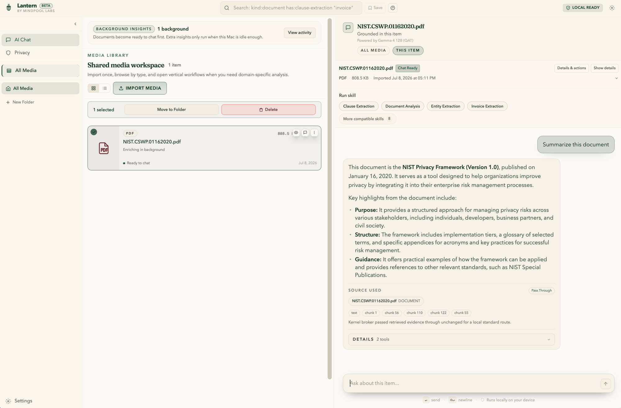 Lantern Desktop showing an imported PDF answered with a source-cited summary, running locally on-device